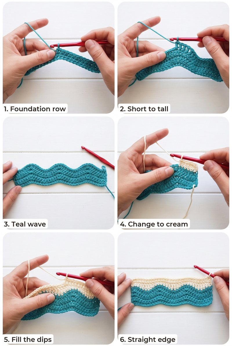 Step-by-step photos: the wave rows for Wave Stitch