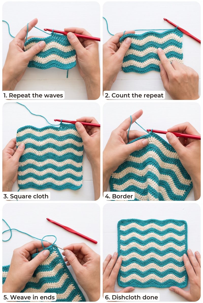 Step-by-step photos: make the dishcloth for Wave Stitch